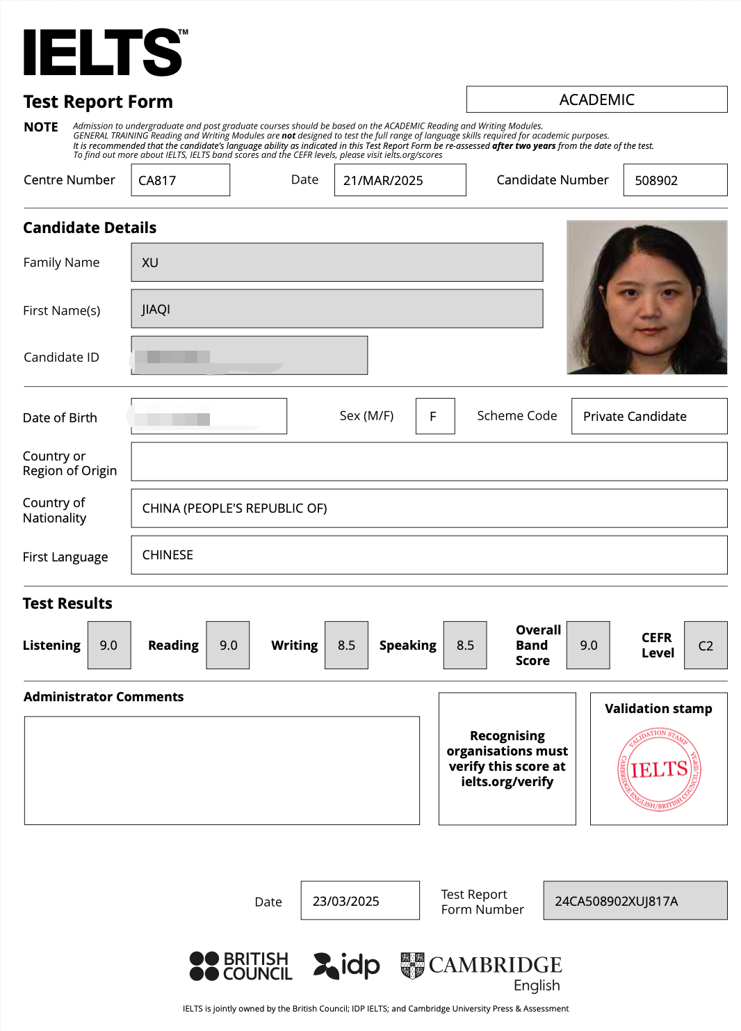 Jackie 的雅思成绩单