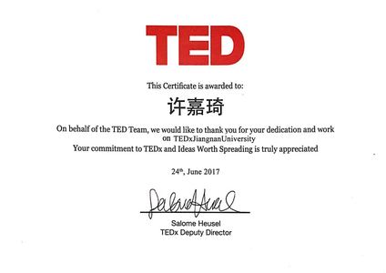 Jackie 的 TEDx 证书